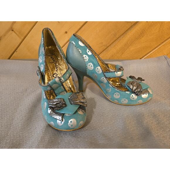 Irregular Choice Heart Skull Heels Sz 7.5 Teal Silver Suede Snap Buttom - Picture 6 of 10